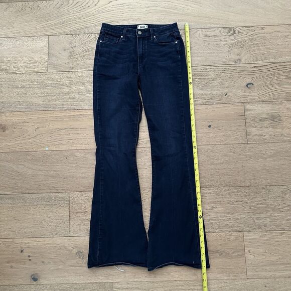 PAIGE Womens High Rise Bell Canyon Flare Leg Jeans Blue Dark Wash Frayed Size 29 - Picture 13 of 16